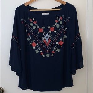 LOFT navy blue chiffon embroidered blouse